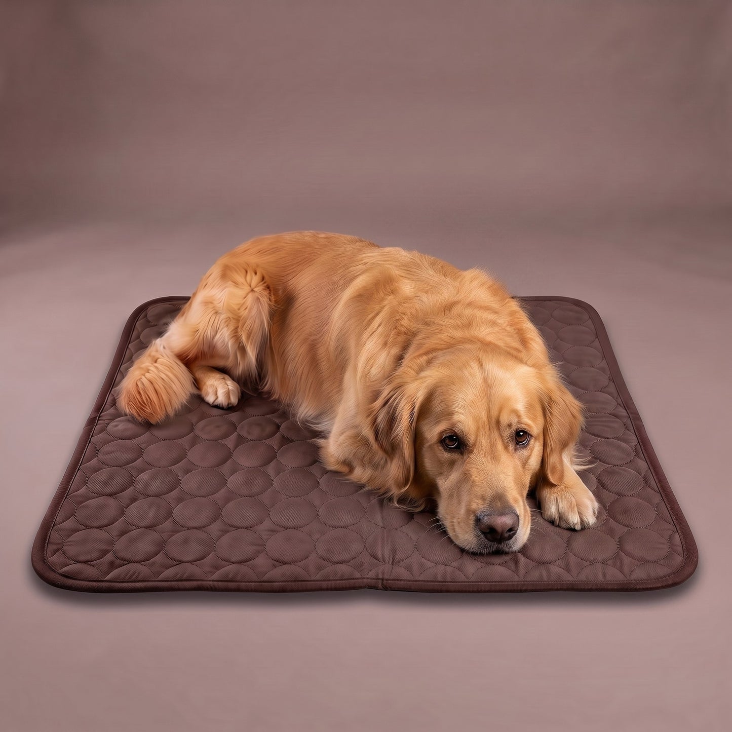 Golden retriever relaxing on the Coffee Coolden cooling mat