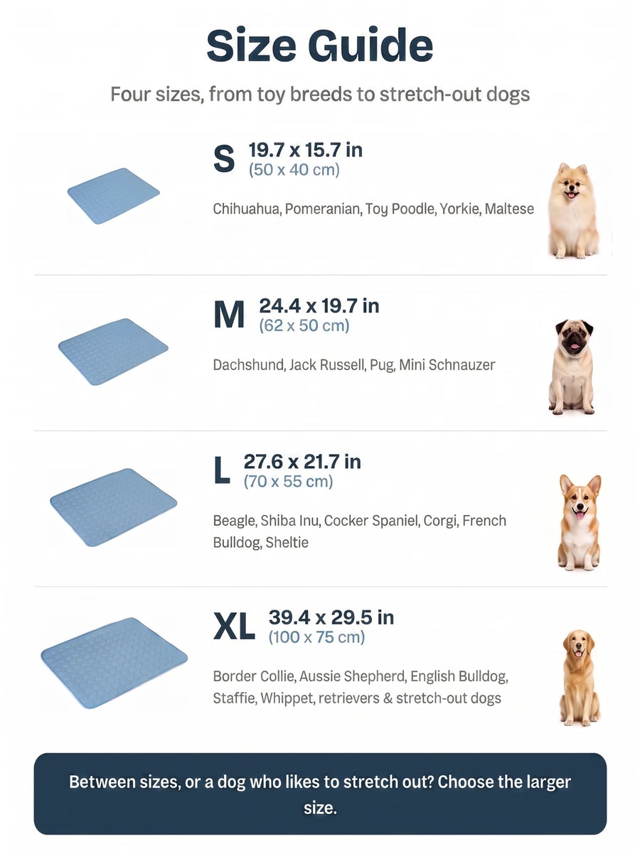 Coolden dog cooling mat size guide, five sizes from toy breeds to giant dogs