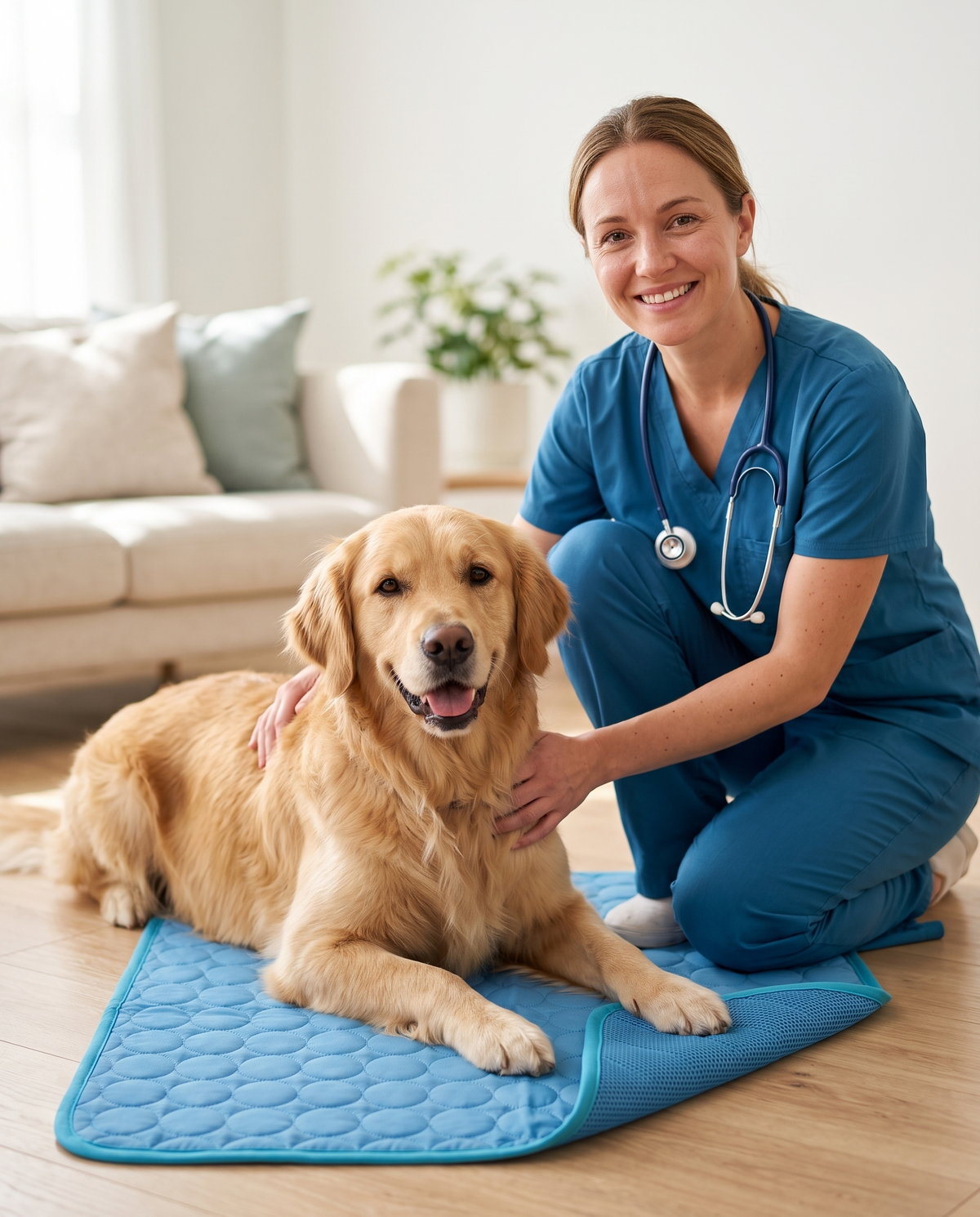 A caring pet-care professional beside a golden retriever resting on the Coolden cooling mat