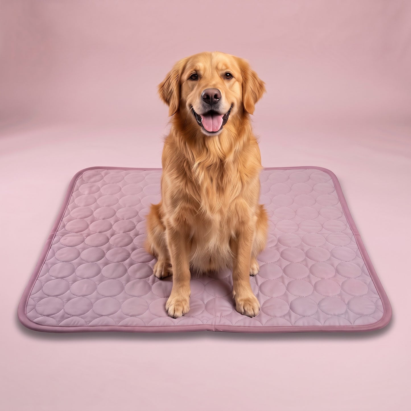 Golden retriever relaxing on the Pink Coolden cooling mat