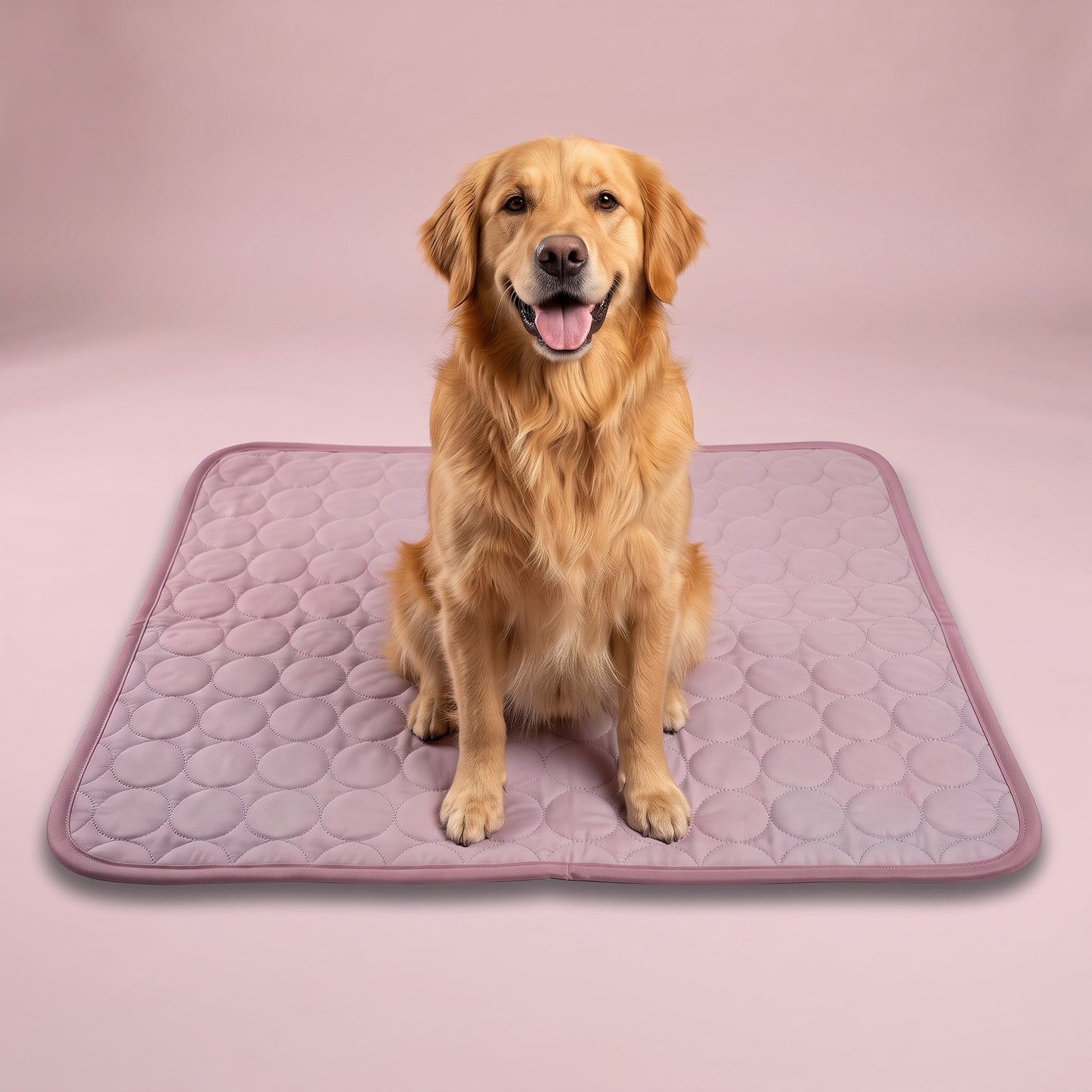 Golden retriever relaxing on the Pink Coolden cooling mat